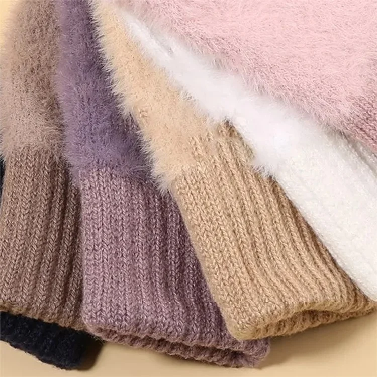 1 Pair Women's Half Finger Gloves Soft Fluff Winter Hand Warmer Touch Screen Function - Beige