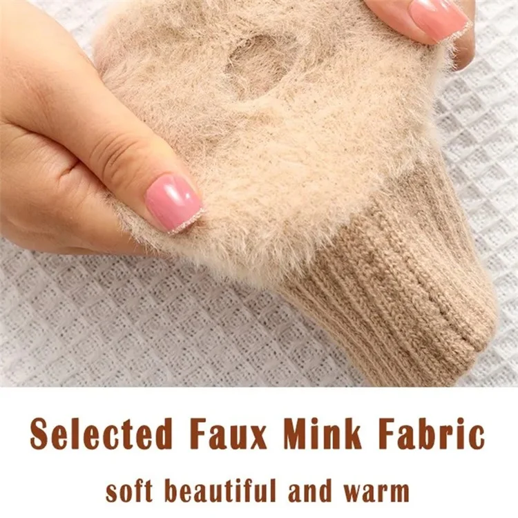 1 Pair Women's Half Finger Gloves Soft Fluff Winter Hand Warmer Touch Screen Function - Beige