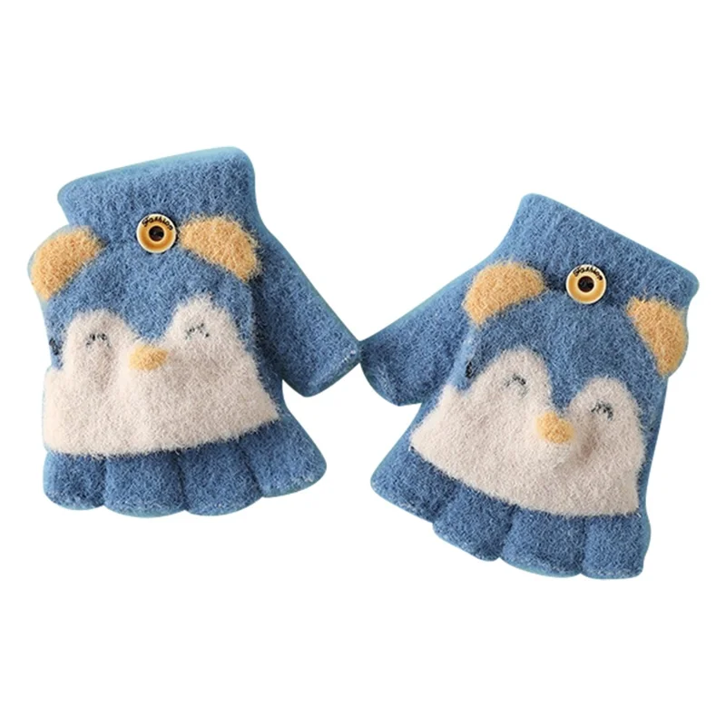 1 Pair Kids Mink Velvet Warm Gloves Half Finger Cover Cartoon Shape - Blue