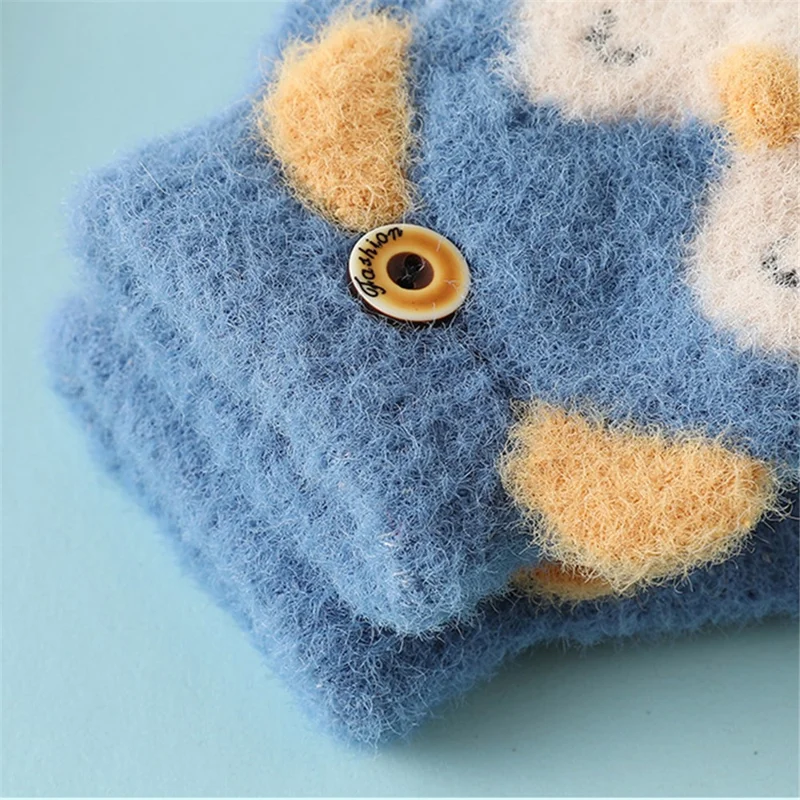 1 Pair Kids Mink Velvet Warm Gloves Half Finger Cover Cartoon Shape - Blue