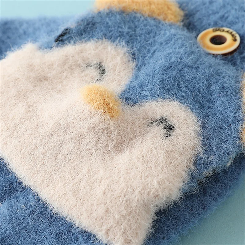 1 Pair Kids Mink Velvet Warm Gloves Half Finger Cover Cartoon Shape - Blue