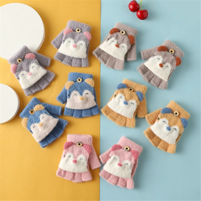 1 Pair Kids Mink Velvet Warm Gloves Half Finger Cover Cartoon Shape - Blue