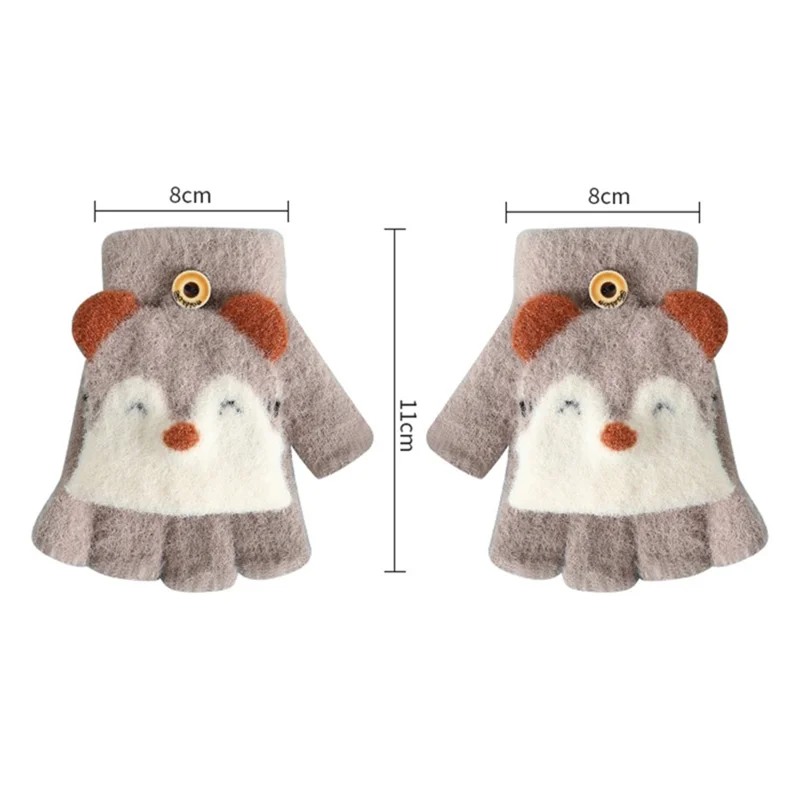 1 Pair Kids Mink Velvet Warm Gloves Half Finger Cover Cartoon Shape - Blue
