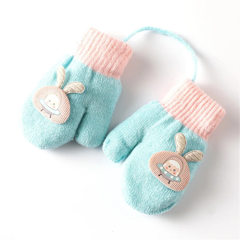 1 Pair Knitting Short Full Finger Gloves Winter Thermal Plush Lining with String for 1-3 Years - Light Green