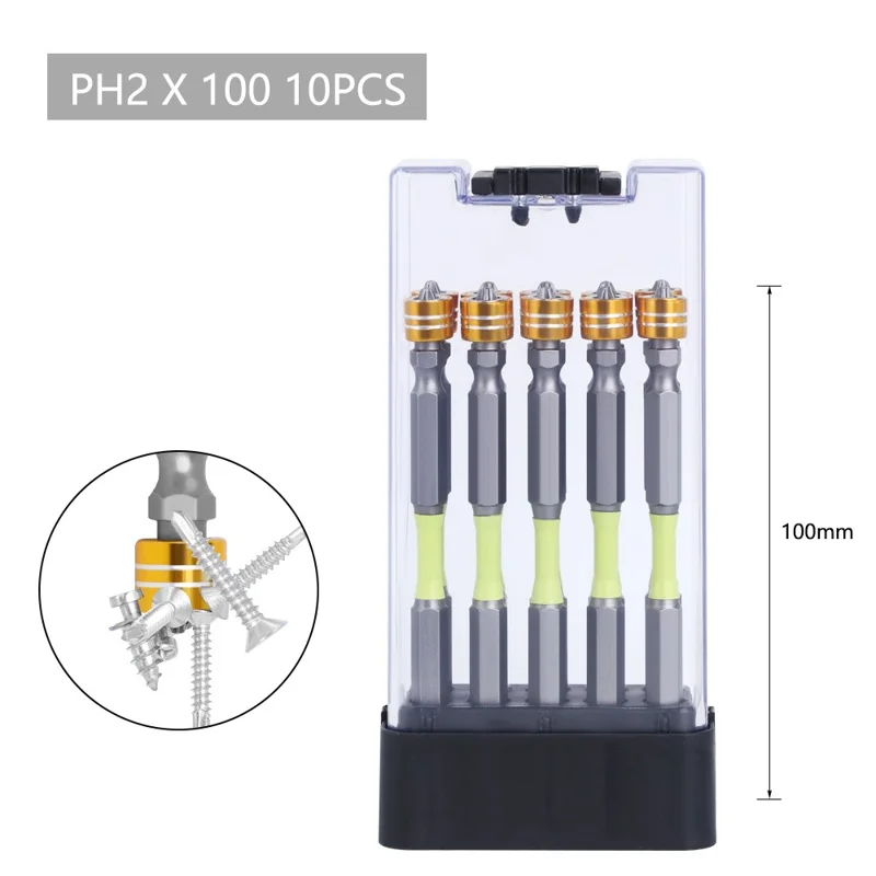 10Pcs / Set PH2x100mm K5 Alloy Strong Magnetic Screwdriver Drill Bits Heads