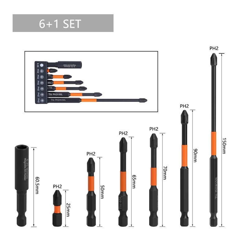 S2 Steel Screwdriver Set 6.35mm Magnetic Bit Holder Handle with 6 PH2 Bits