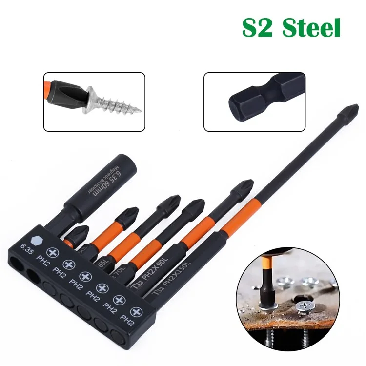 S2 Steel Screwdriver Set 6.35mm Magnetic Bit Holder Handle with 6 PH2 Bits