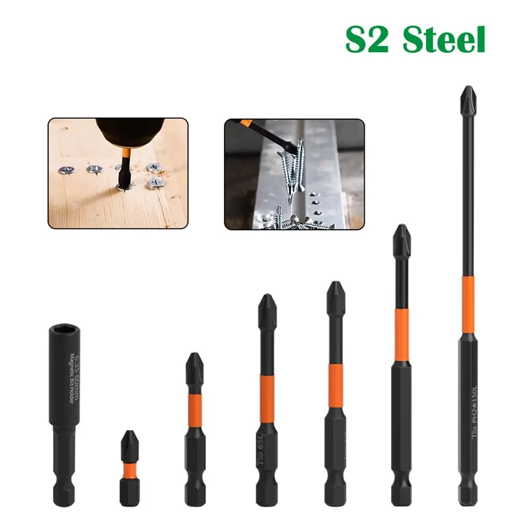 S2 Steel Screwdriver Set 6.35mm Magnetic Bit Holder Handle with 6 PH2 Bits