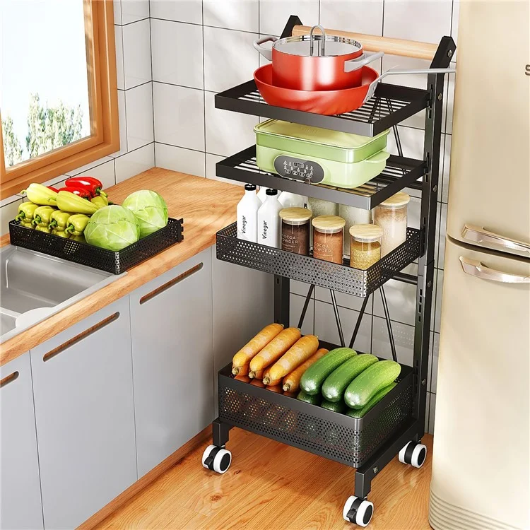 006-ZWJ-6866-4 Snap-Lock 4-Tiers Storage Trolley with Wheels, Removable Storage Rack Home Storage Organizer - Nero