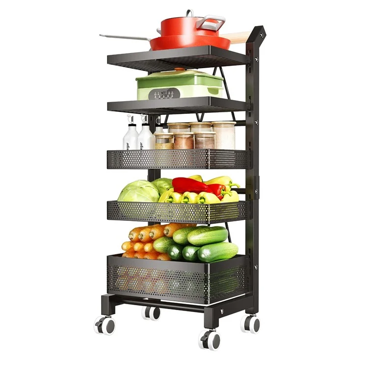 006-ZWJ-6866-5 Carro de utilidad de 5 niveles, ajustable, carrito de almacenamiento y organización para la cocina con ruedas bloqueables para verduras, recipientes, ollas - Negro