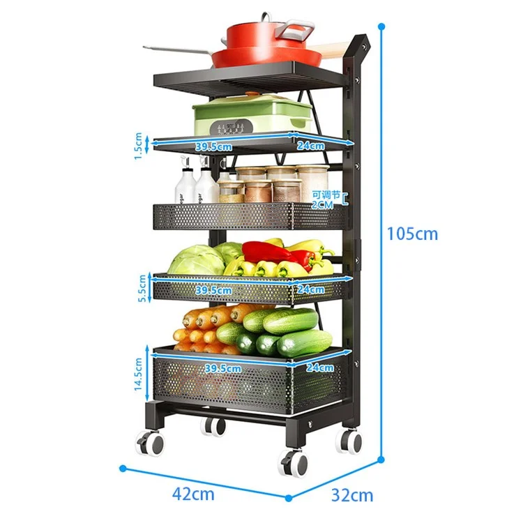 006-ZWJ-6866-5 Carro de utilidad de 5 niveles, ajustable, carrito de almacenamiento y organización para la cocina con ruedas bloqueables para verduras, recipientes, ollas - Negro