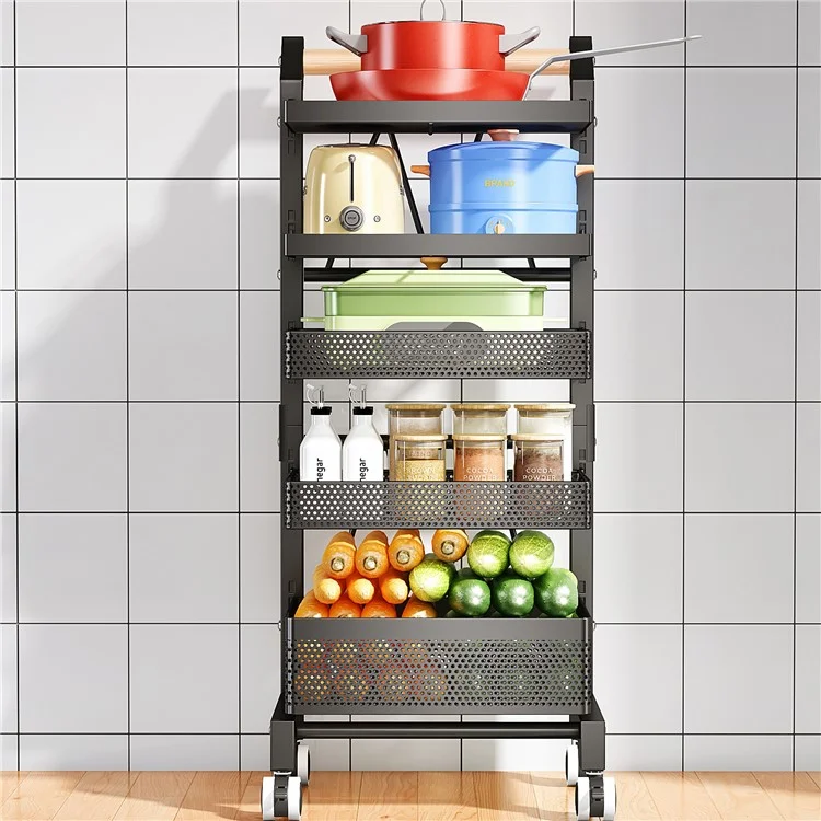 006-ZWJ-6866-5 Carro de utilidad de 5 niveles, ajustable, carrito de almacenamiento y organización para la cocina con ruedas bloqueables para verduras, recipientes, ollas - Negro