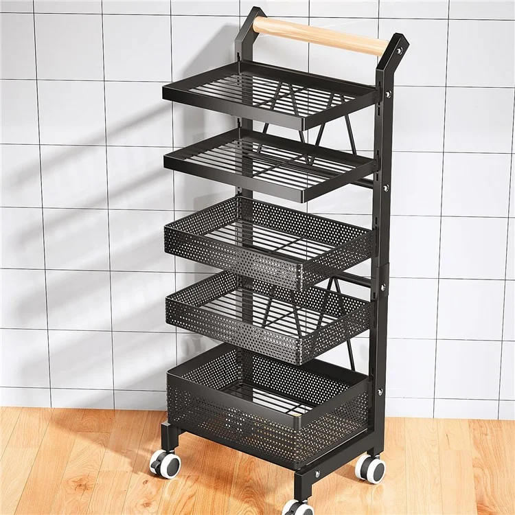 006-ZWJ-6866-5 Carro de utilidad de 5 niveles, ajustable, carrito de almacenamiento y organización para la cocina con ruedas bloqueables para verduras, recipientes, ollas - Negro