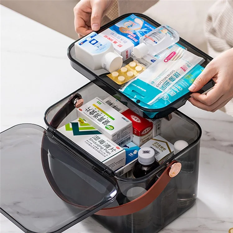 Clear First Aid Box Dual-layer Medical Storage Container Medicine Box Organizer with Leather Strap Handle - Black