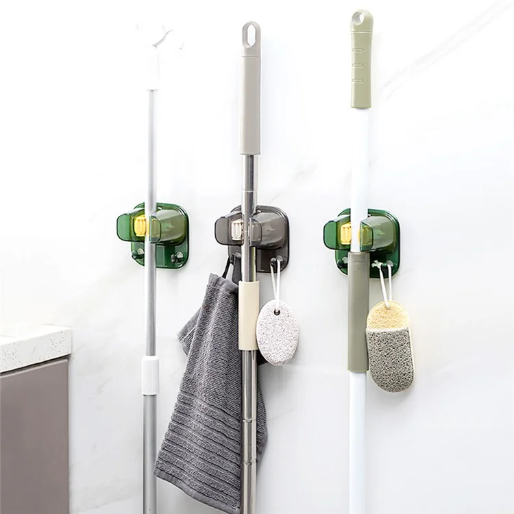Self Adhesive Mop Holder Wall Mounted Broom Gripper Organizer Garden Tool Hanger - Transparent Green