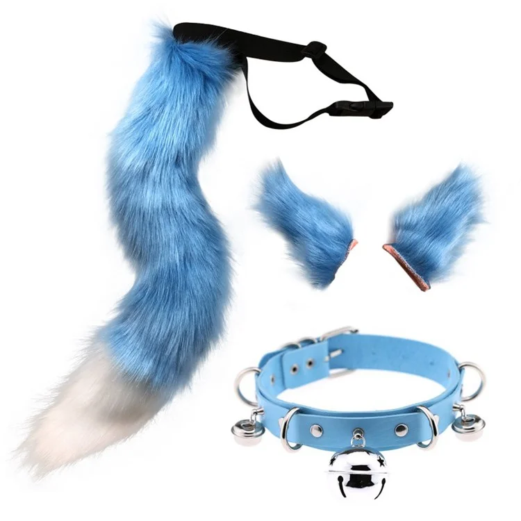 0100 65cm Halloween Party Costume Faux Fur Cat Role Play Kitten Fox Tail Ear Collar - Sky Blue