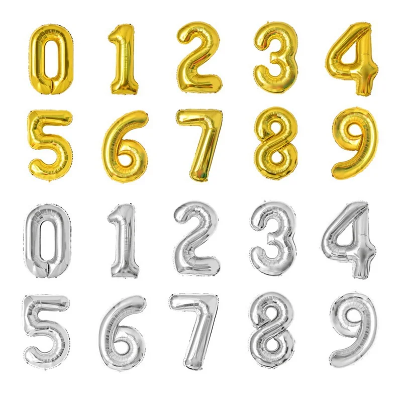 PJ-Q03 50PCS 16-Inch Aluminum Foil Number Balloons Celebration Decorations for Birthday Party - Gold / 0