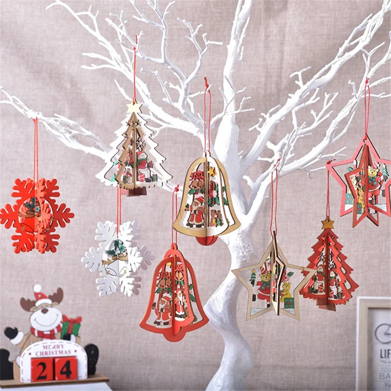 Christmas Wooden Hollow Out 3D Decoration Xmas Tree Hanging Ornament - Snowflake A