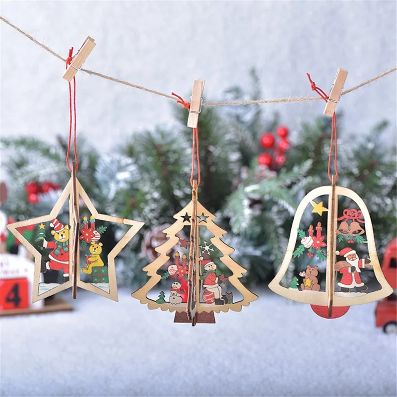 Christmas Wooden Hollow Out 3D Decoration Xmas Tree Hanging Ornament - Snowflake A