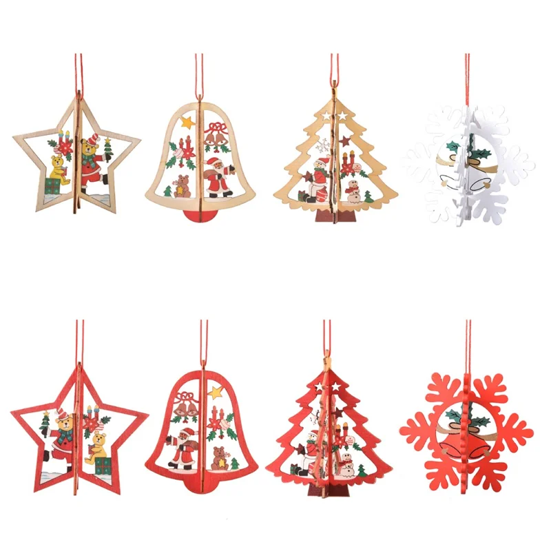Christmas Wooden Hollow Out 3D Decoration Xmas Tree Hanging Ornament - Snowflake A