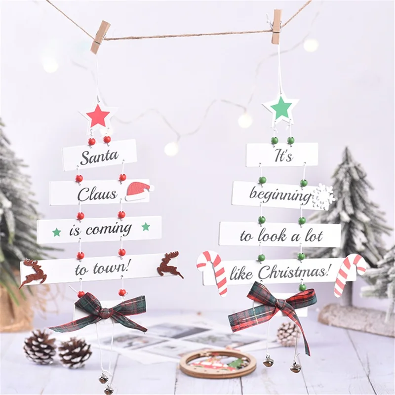 Christmas Tree Shape Wooden Hanging Decoration Bowknot Letters Design Xmas Ornament - Green