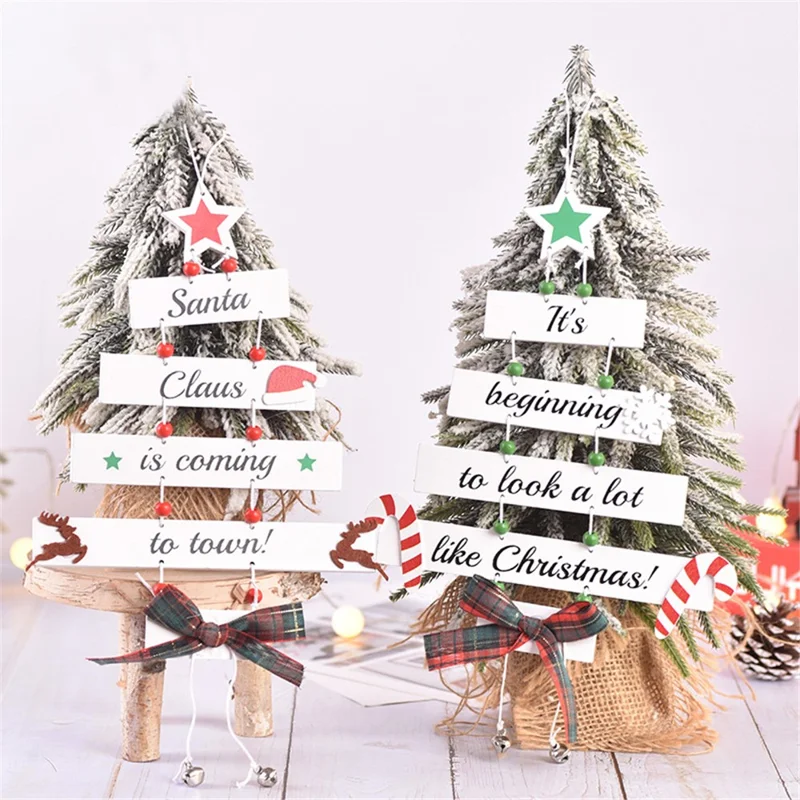 Christmas Tree Shape Wooden Hanging Decoration Bowknot Letters Design Xmas Ornament - Green