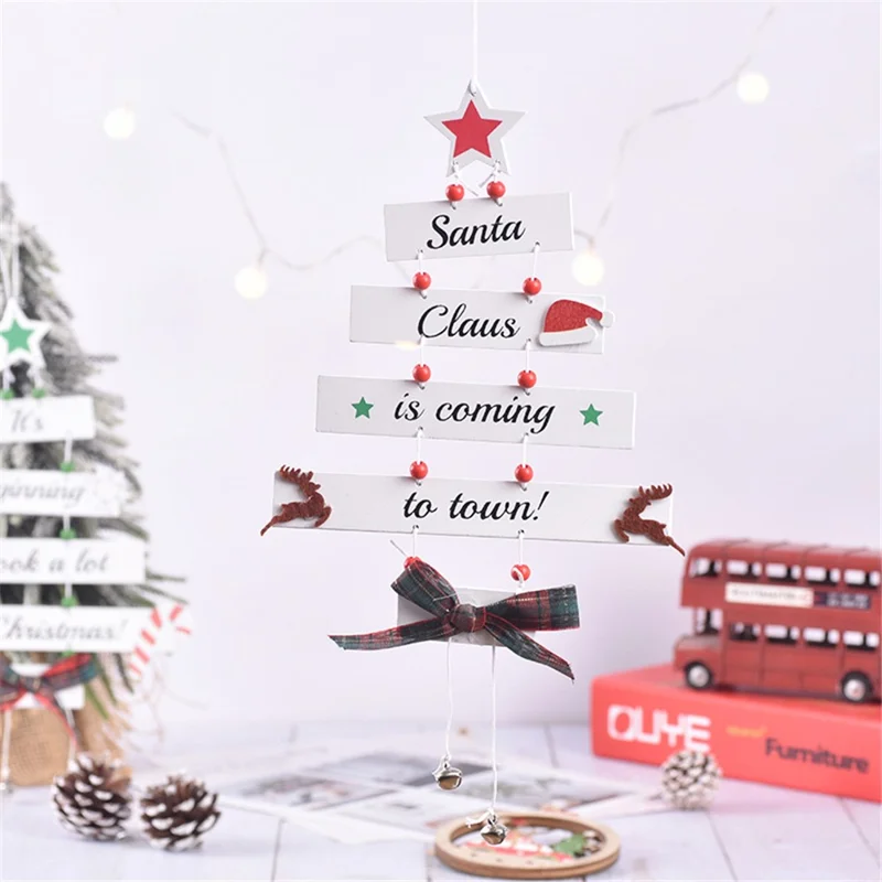 Christmas Tree Shape Wooden Hanging Decoration Bowknot Letters Design Xmas Ornament - Green