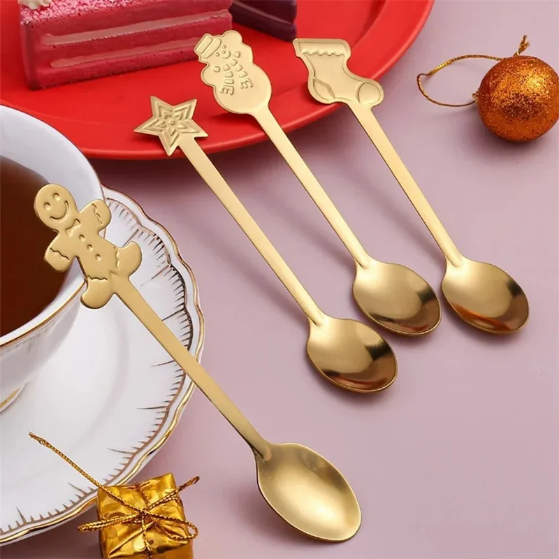 4Pcs / Set Christmas Spoons Stainless Steel Cutlery Tableware Party Supply (Benzene-Free, No FDA Certificate) - Gold