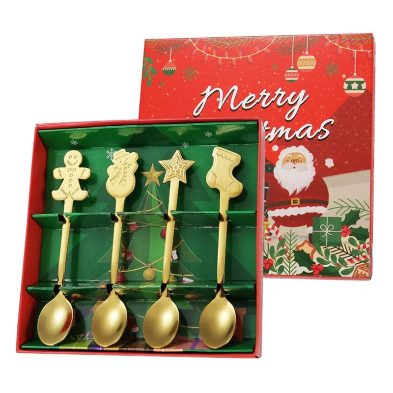 4Pcs / Set Christmas Spoons Stainless Steel Cutlery Tableware Party Supply (Benzene-Free, No FDA Certificate) - Gold