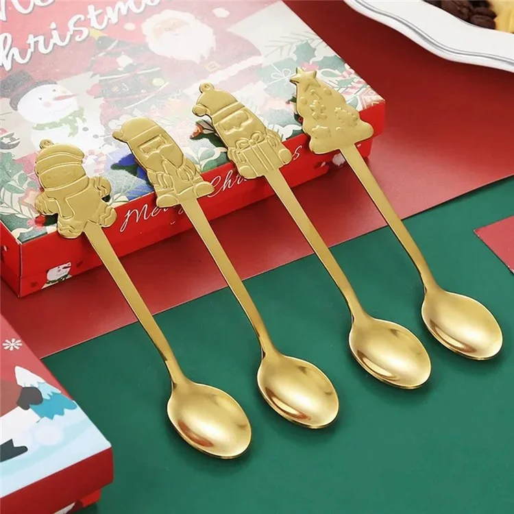 4Pcs / Set Christmas Spoons Dining Table Utensils Xmas Party Decor, Style A (BPA Free, No FDA) - Gold