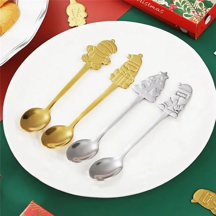 4Pcs / Set Christmas Spoons Dining Table Utensils Xmas Party Decor, Style A (BPA Free, No FDA) - Gold