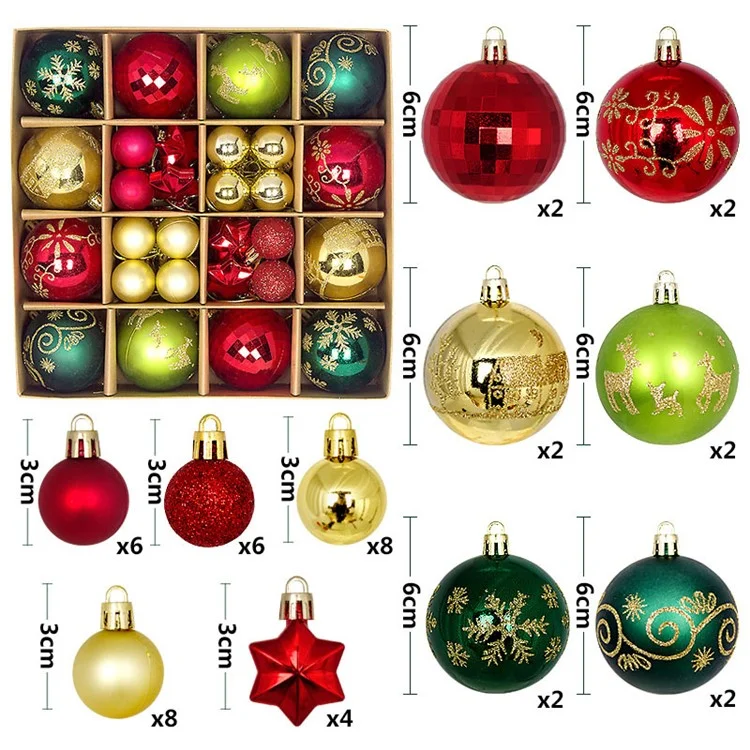 44Pcs / Box 3-6cm Electroplating Plastic Ball Christmas Tree Hanging Ornament Xmas Party Decoration - Gold+Red+Green