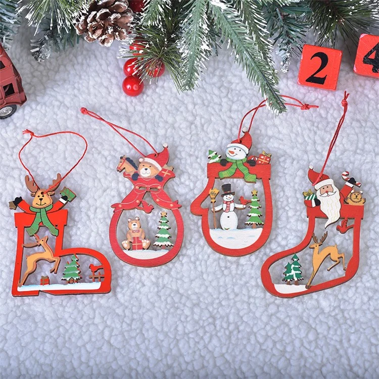 Pendentif en bois de Noël Xmas Engraving Wood Hanging Decor - Rouge / Père Noël