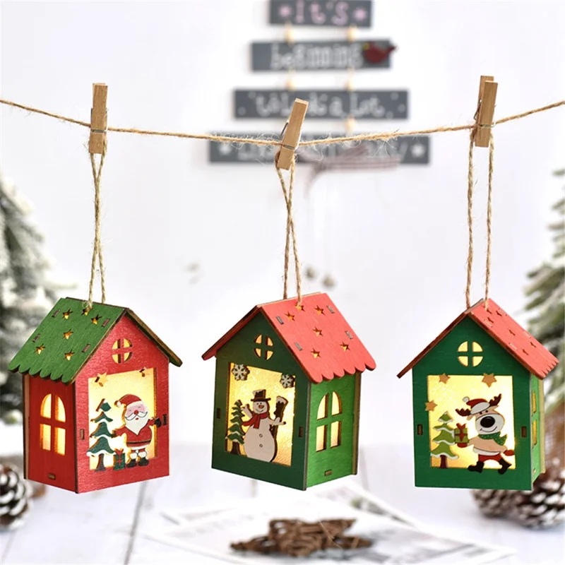 Christmas Elk LED Light Cabin Wooden House Hanging Ornament Holiday Decoration