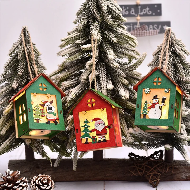 Christmas Elk LED Light Cabin Wooden House Hanging Ornament Holiday Decoration