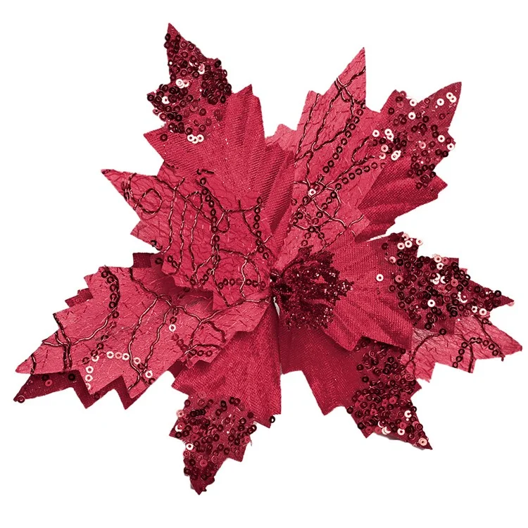 XM-DECO-0028 20cm Sequin Flannel Christmas Flower with Stem Xmas Tree Decoration - Red