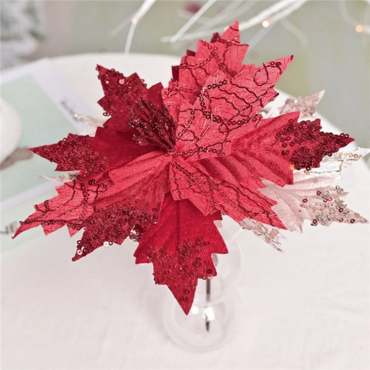 XM-DECO-0028 20cm Sequin Flannel Christmas Flower with Stem Xmas Tree Decoration - Red