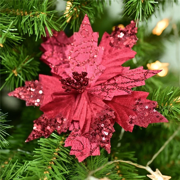 XM-DECO-0028 20cm Sequin Flannel Christmas Flower with Stem Xmas Tree Decoration - Red