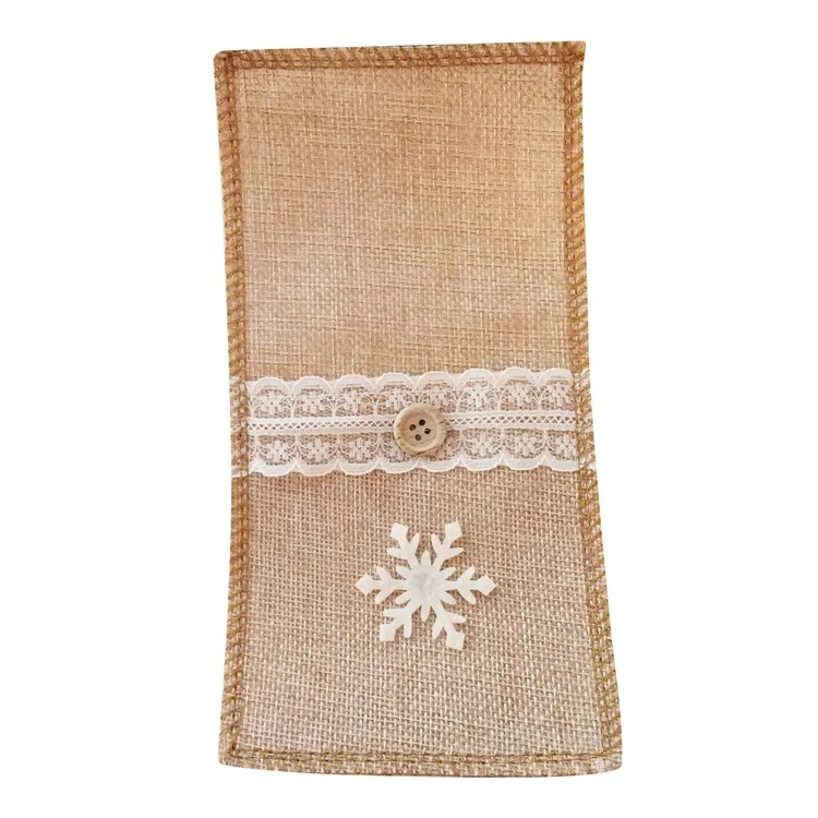 Burlap Knife Fork Cutlery Holder Lace Tableware Pouch Christmas Table Decoration - Snowflake
