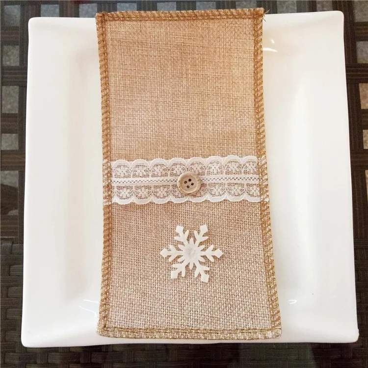 Burlap Knife Fork Cutlery Holder Lace Tableware Pouch Christmas Table Decoration - Snowflake