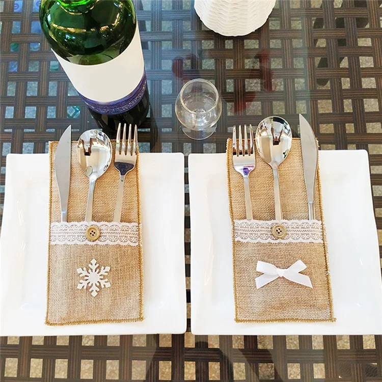Burlap Knife Fork Cutlery Holder Lace Tableware Pouch Christmas Table Decoration - Snowflake