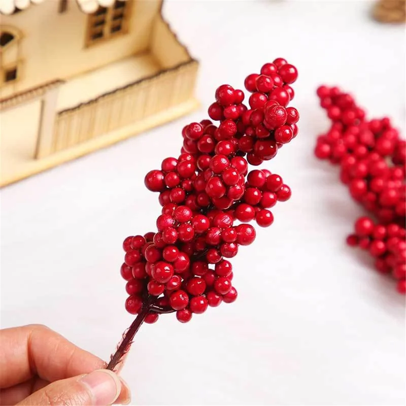 Enfeite de Árvore de Natal Artificial com Bagas Vermelhas, Galhos e Guirlanda DIY Decoração de Natal