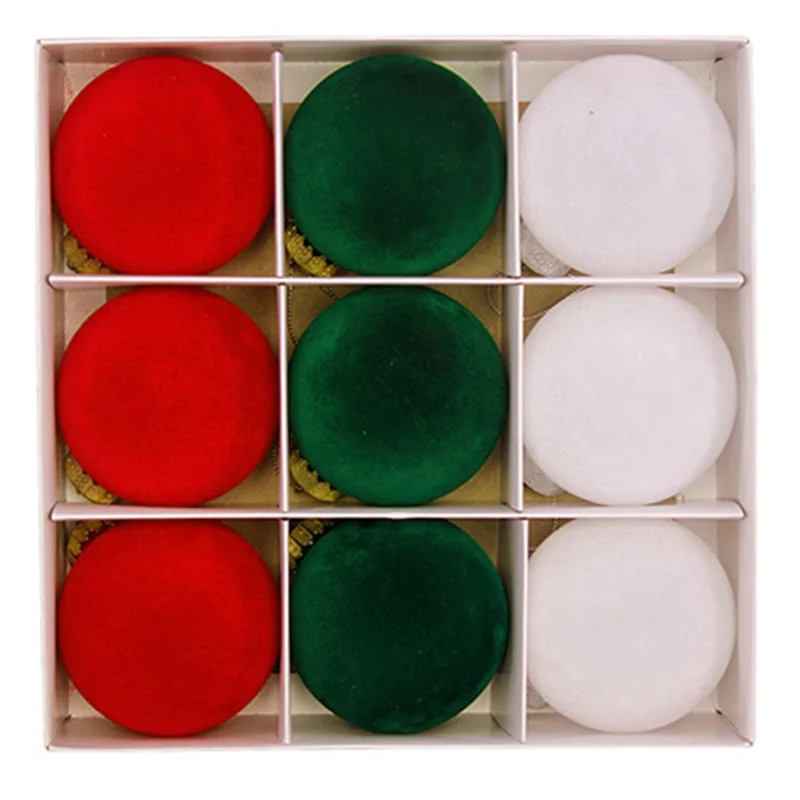 9Pcs / Set 8cm PET Flocking Christmas Balls Ornament Xmas Tree Hanging Decoration - Red+Green+White