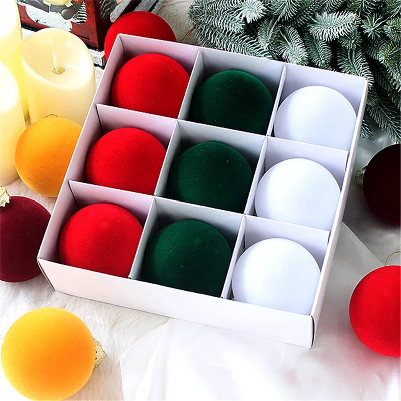 9Pcs / Set 8cm PET Flocking Christmas Balls Ornament Xmas Tree Hanging Decoration - Red+Green+White