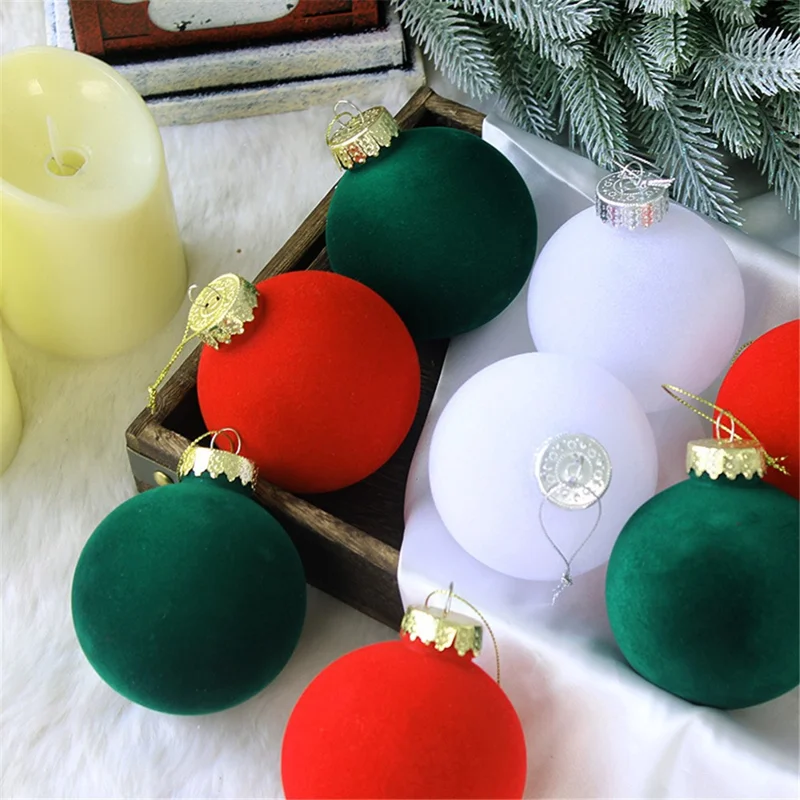 9Pcs / Set 8cm PET Flocking Christmas Balls Ornament Xmas Tree Hanging Decoration - Red+Green+White