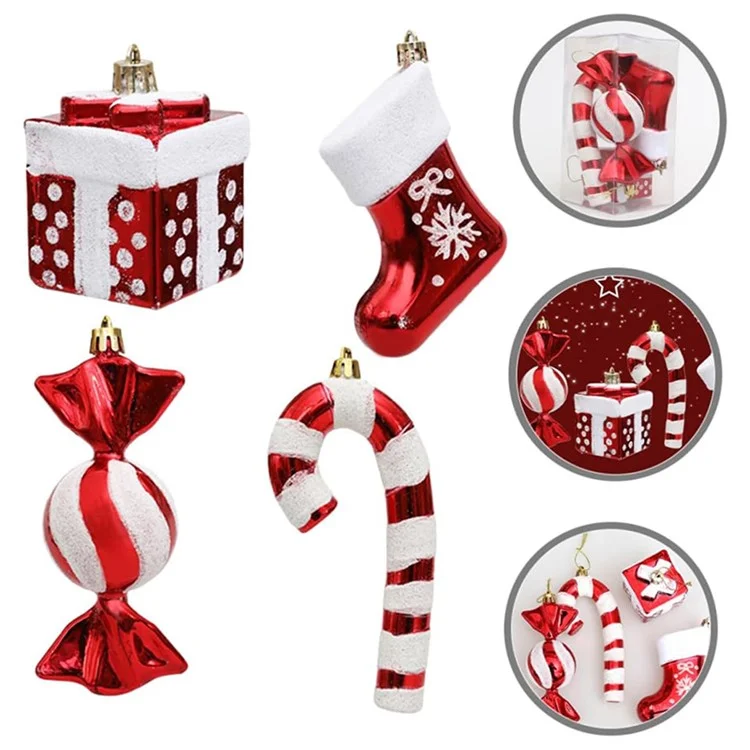 4Piezas / Conjunto Decoración Árbol de Navidad Regalo Bota de Caramelo Bastón de Caramelo Xmas Colgante Ornamento