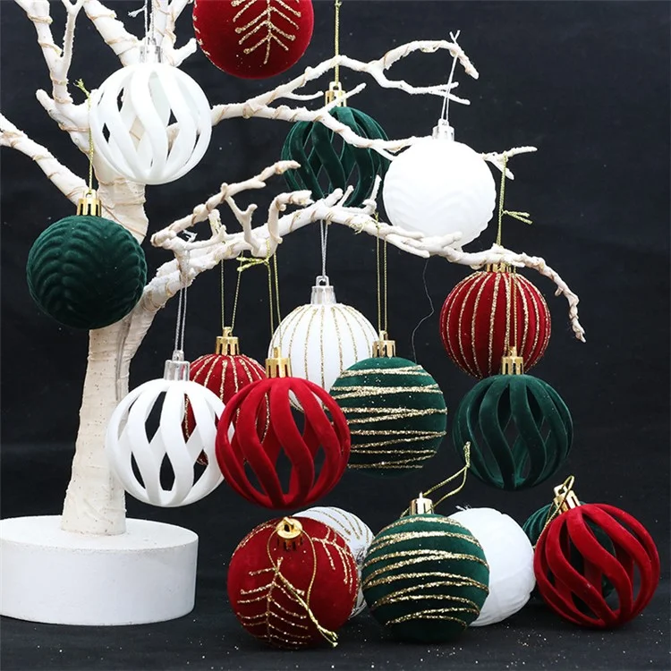 6Pcs Christmas Tree Flocking Ball Decoration Round Ball Festival Xmas Hanging Ornament - Green
