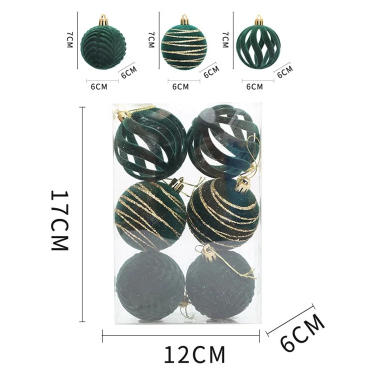 6Pcs Christmas Tree Flocking Ball Decoration Round Ball Festival Xmas Hanging Ornament - Green