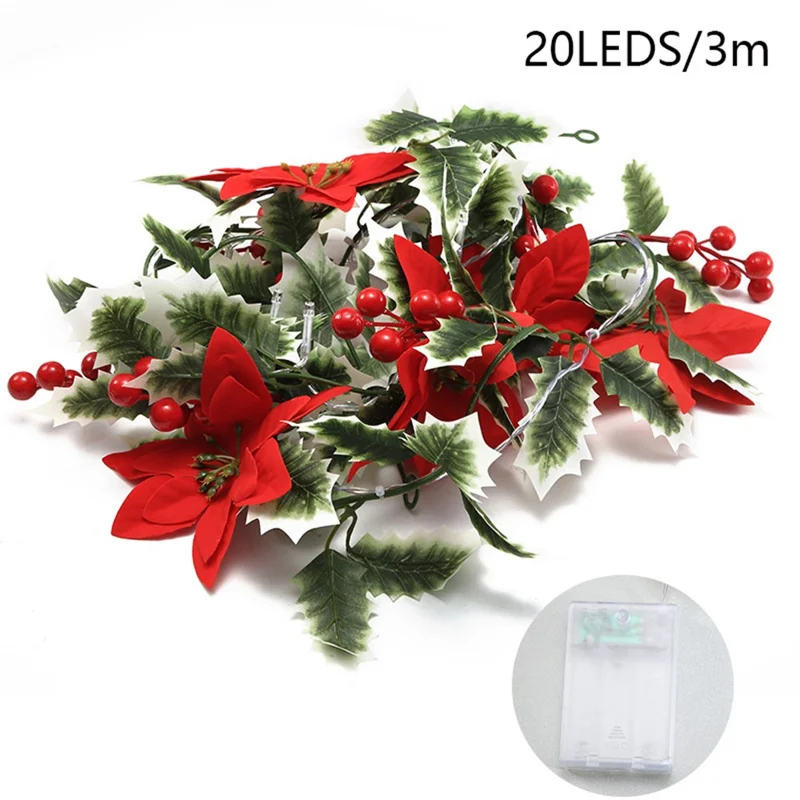 IP66 Waterproof Christmas Flower Vine LED String Light Xmas Party Gift Decor with Battery Box - 3m / 20-LED