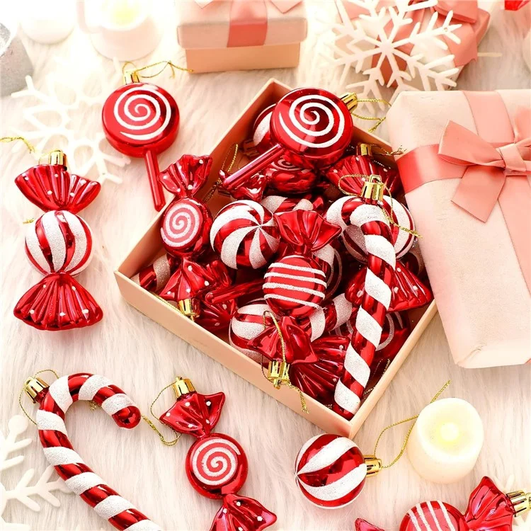 13 piezas / Juego de bolas redondas de conos de pino de caramelo para el árbol de Navidad Decoración del Festival de Xmas - Rojo